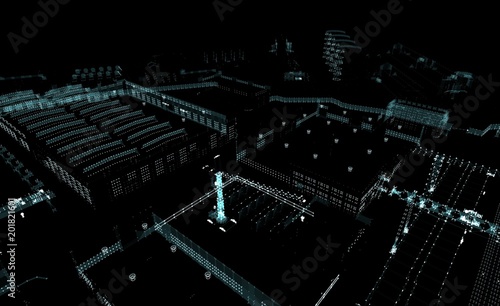 Abstract 3D rendered city of lines and dots