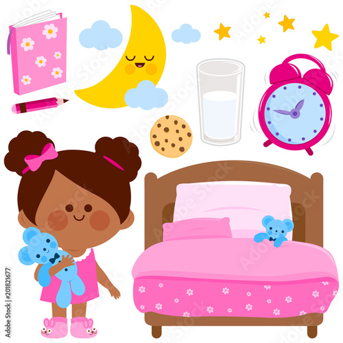 Cute girl getting ready for bed at night. Bed time vector collection. Vector illustration