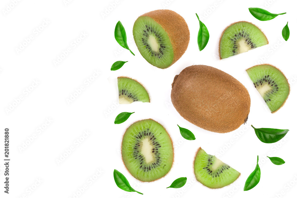 Kiwi fruit with slices isolated on white background with copy space for your text. Top view. Flat lay pattern Kiwi fruit with slices isolated on white background with copy space for your text. Top view. Flat lay pattern