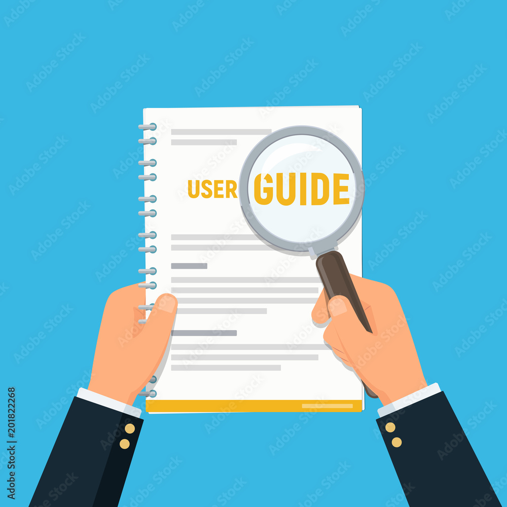 User manual. Close-up businessman hands holding user guide and