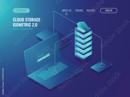 Web hosting solution, cloud server data storage, data transfer and data transmission technology isomeric vector illustration