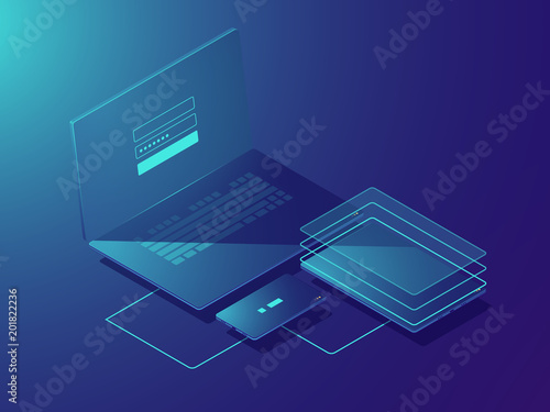 Smart devices synchronization, isometric vector cloud storage technology, file transfer, authorization user, laptop smartphone tablet icon, neon dark gradient background