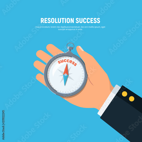 Close-up businessman hands holding compass with direction to success. Business concept the success and motivation . Vector illustration in flat style.