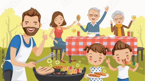 Barbecue family. father,mother,daughter,son,grandfather,grandmother,are barbecue in the nature of summer.big family.grilled meat,sausages, eat,drink.thumbs up,hand greetings, picnic,holiday travel. 