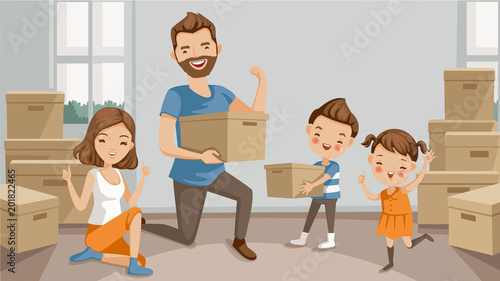 Moving house Family moving packing and unpacking boxes, husband,wife, son, daughter, celebrating or exhausted at the end of packing. cartoon character parents and lovely children. Vector illustration