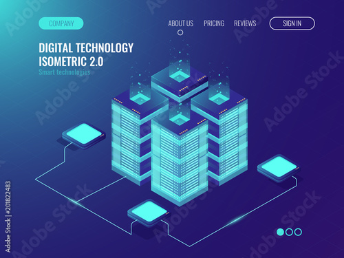 Data networking, bigdata processing and storage hardware, server room cabinet, computing isometric vector neon