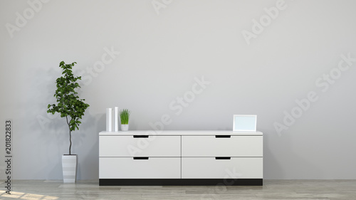 Tv cabinet in modern empty room 3d illustration home designs,background shelves and books on the desk in front of  wall empty wall