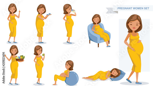 Pregnant women set. many views of pregnant. smile happy, hold baby shoes, drink milk from a glass, sit on a sofa, Holds vegetable tray, eating, exercise and sleeping, Vector illustrations isolated. 