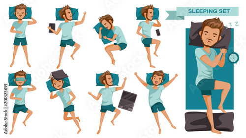 Sleeping man set. Many views of sleep. Front, side, rear, top. lie on the tummy, Sleep on one's side, lie supine, Various gestures. cartoon of male guy in pajamas. Vector illustrations isolated 