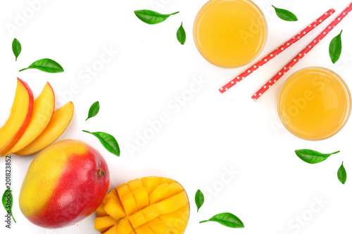 Mango juice and fruit isolated on white background with copy space for your text. Top view. Flat lay
