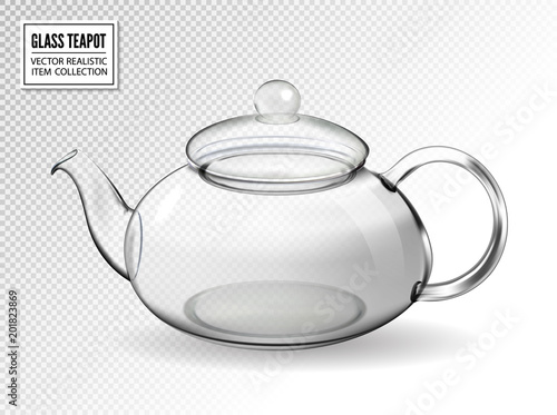 Empty glass teapot on transparent background. Realistic vector kettle with closed lid.