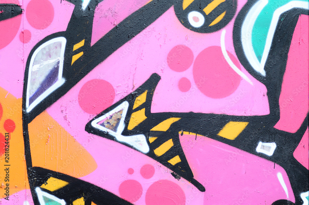 Fragment of a beautiful graffiti pattern in pink and green with a black  outline. Street art background image Stock Photo | Adobe Stock