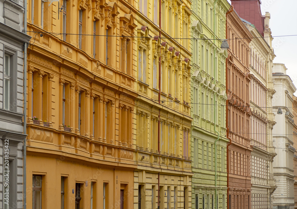 Prague, Czech Republic. Facades of the buildings of the city center with different colors