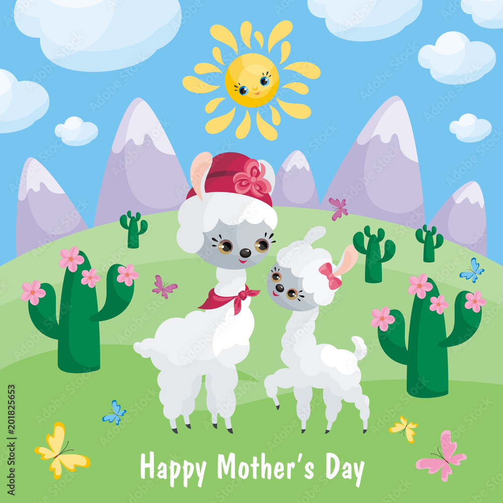 Naklejka premium Llama family. Mother’s Day greeting card with cute animals and their cubs. Colorful vector illustration in cartoon style.