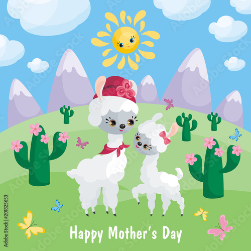Llama family. Mother   s Day greeting card with cute animals and their cubs. Colorful vector illustration in cartoon style.