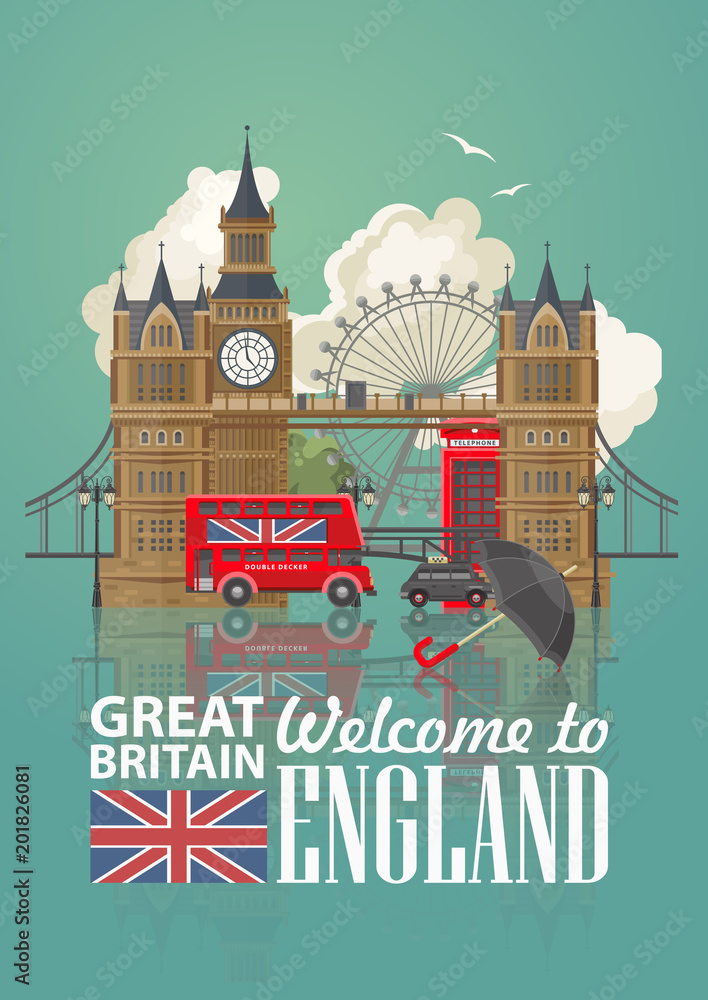 Fototapeta Ilustracja wektorowa podróży Anglii. Wakacje w Wielkiej Brytanii. Tło Wielkiej Brytanii. Podróż do Wielkiej Brytanii.