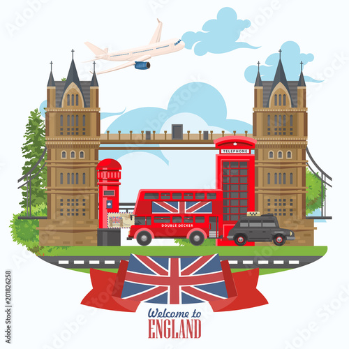 England travel vector illustration. Vacation in United Kingdom. Great Britain background. Journey to the UK.