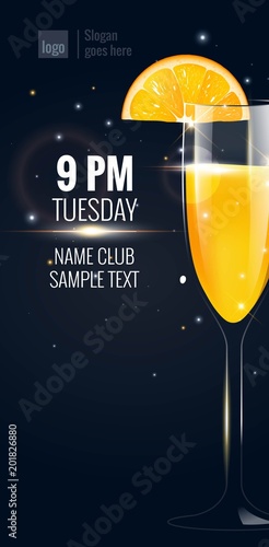 Cocktail Party invitation. Flyer or poster design with mimosa cocktail on black background. Vector illustration