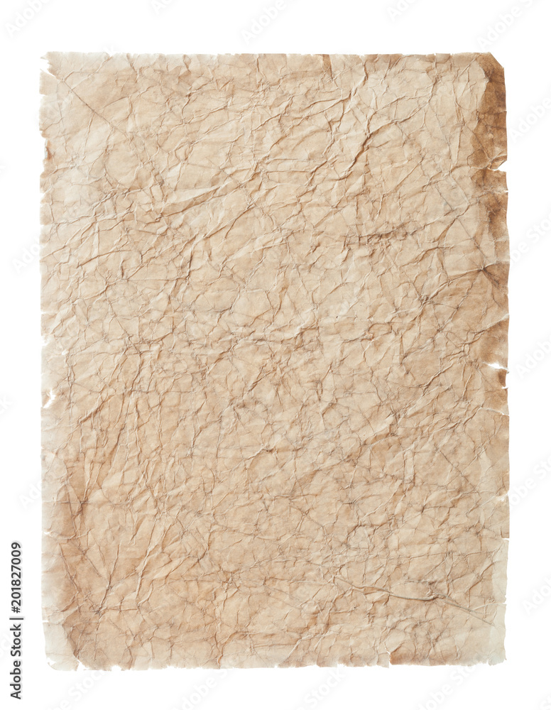 Medieval crumpled sheet of paper isolated on white