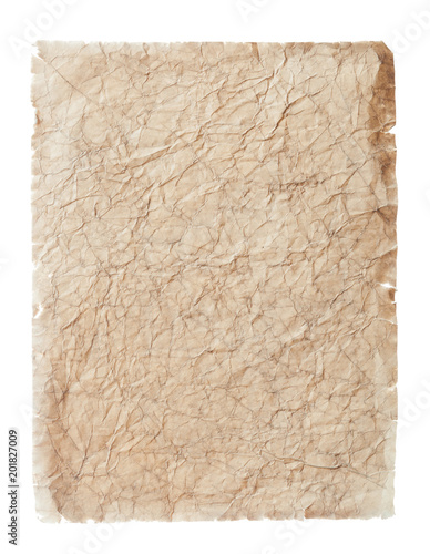 Medieval crumpled sheet of paper isolated on white