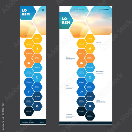 One Page Website Design Template with Blurred Sunset Image Header, Hexagonal Pattern - Desktop and Mobile Version