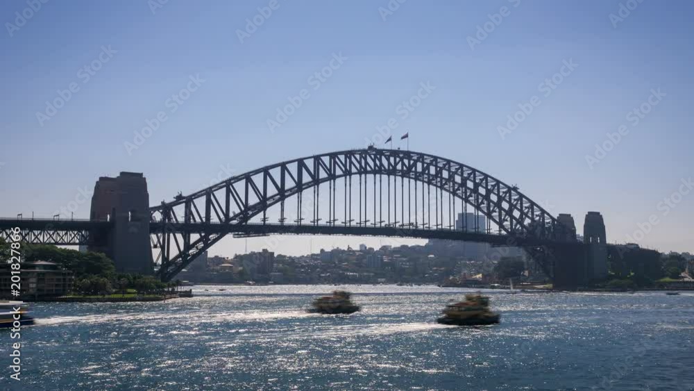 Time lapse of ferry boats crossing the ocean in front of the famous Sydney Harbour Bridge, Australia. Time lapse of ferry boats crossing the ocean in front of the famous Sydney Harbour Bridge, Australia.