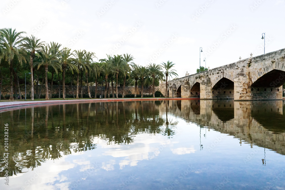 Turia park gardens in the spanish city of Valencia - palm trees and stone bridge reflected in a lake