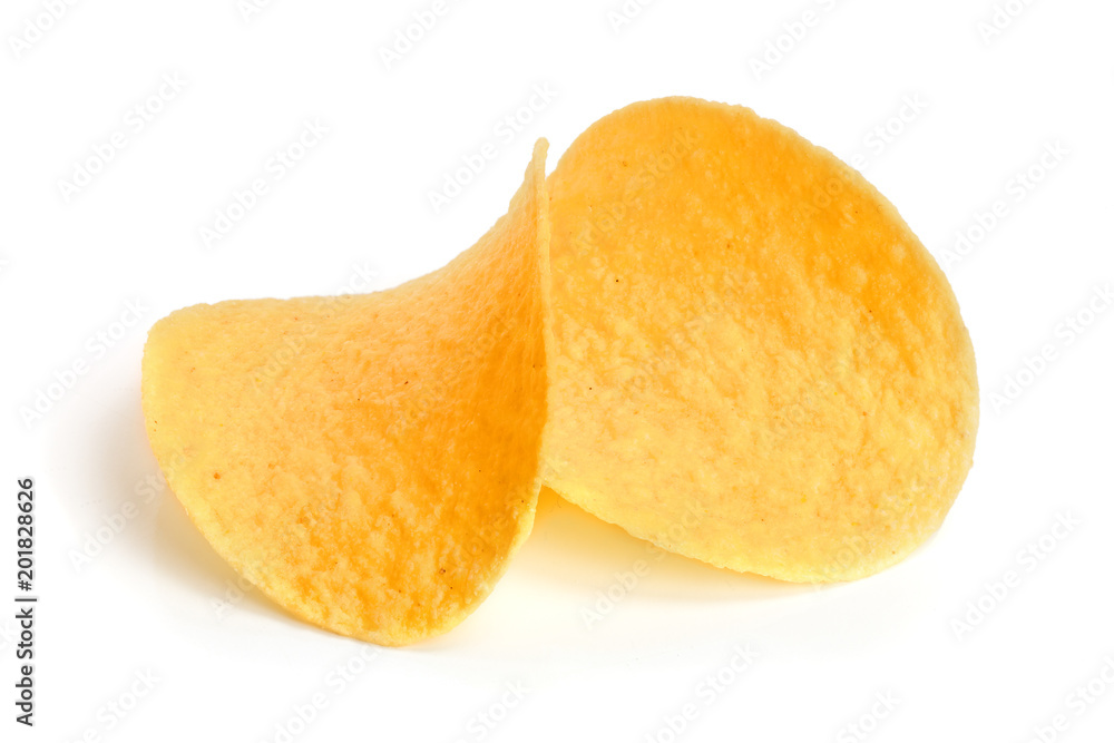 two potato chips on white background close-up two potato chips on white background close-up