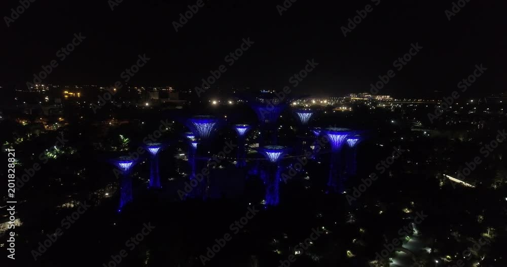 Aerial drone view of Supertree Grove in the Graden by the Bay at night, Singapore
