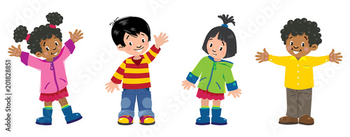 Children. Set of 4 Kids, smiling boys and girls