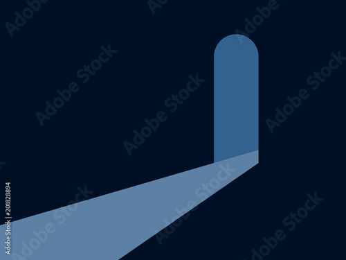 Light from an open arch, blue ray of light. Passage in the dark. Vector illustration