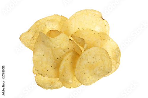 potato chips isolated on white background close-up. Top view. Flat lay