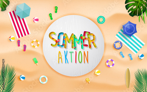 Sommeraktion. Top view summer background vector in beach with umbrellas  balls  swim ring  sunglasses  surfboard  hat  sandals  juice  starfish and sea. 