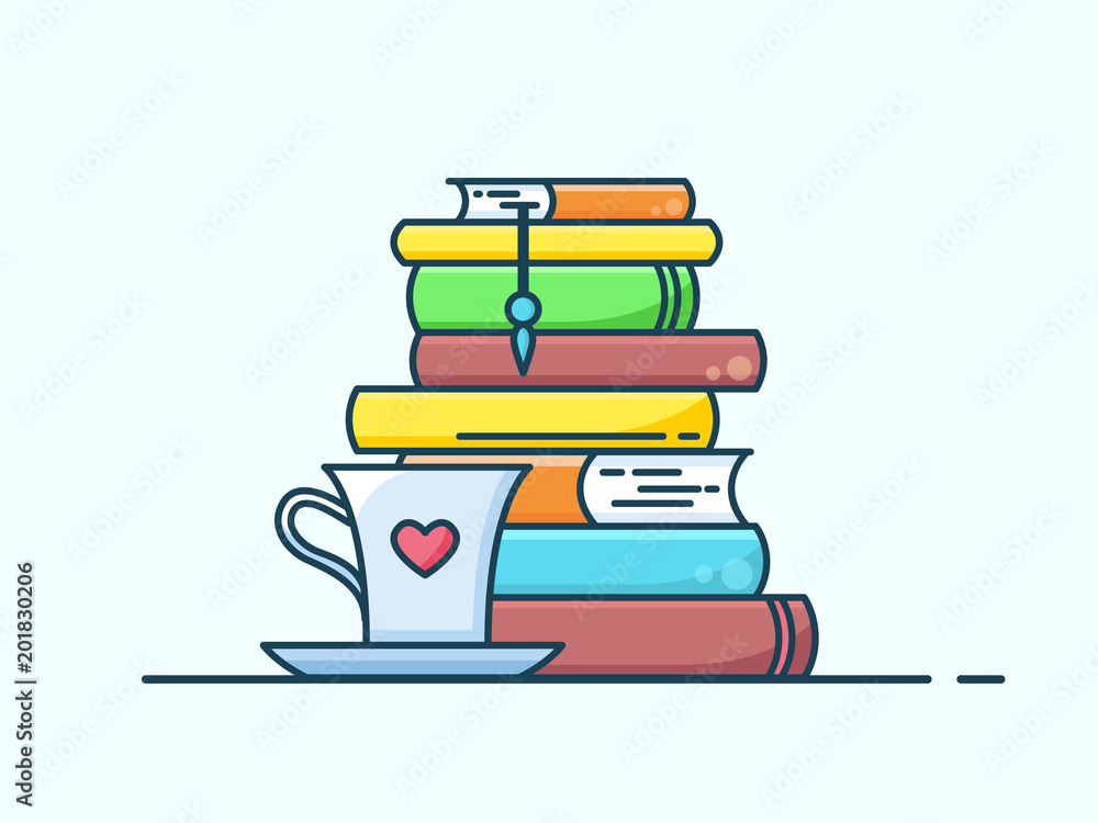 Naklejka premium Pile of books and coffee or tea cup with heart symbols. I love reading concept for libraries, book stores, festivals, fairs and schools. Line icon. Vector illustration isolated on white.