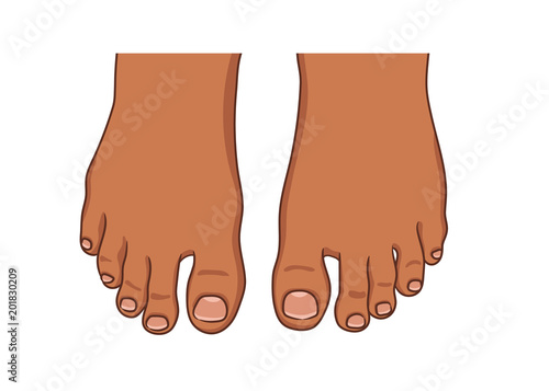 Female or male foot sole, barefoot, top view. Dark afro american skin.Toenails with pedicure.Vector illustration, hand drawn cartoon style isolated on white.