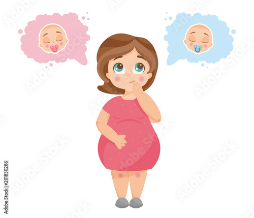 Vector illustration of cute young pregnant woman wondering about her future baby gender. It’s a boy or girl quiz. Expecting woman standing and thinking, newborn boy and girl in thought bubbles.