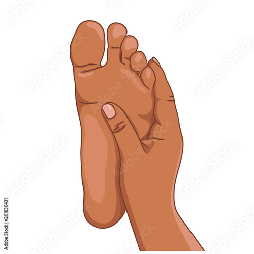 Female or male foot sole, barefoot, bottom view. Dark afro american skin. Foot massage concept. Vector illustration, hand drawn cartoon style isolated on white.