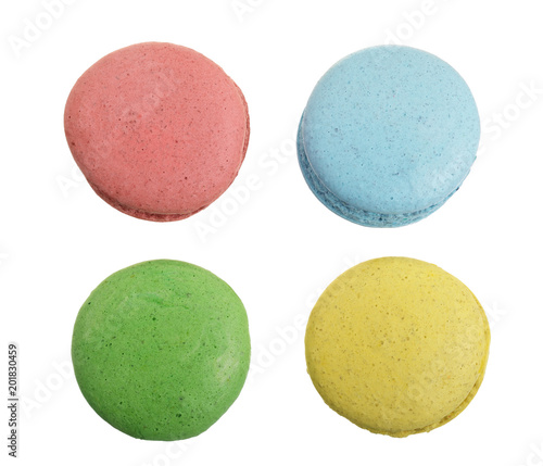 colored macarons isolated on white background without a shadow closeup. Top view. Flat lay