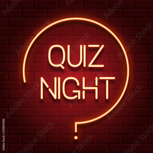 Pub quiz announcement poster, vintage styled neon glowing letters shining on dark brick background. Questions team game for intelligent people.Vector illustration, glowing electric sign in retro style