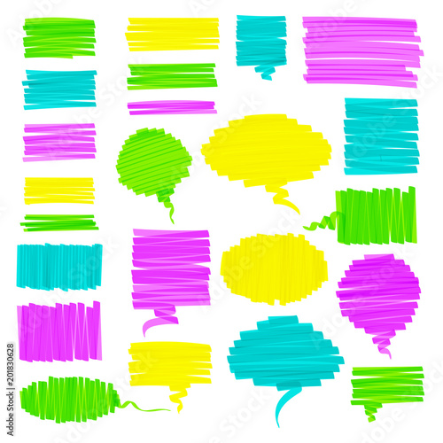 Hand drawn highlighter brush graphic set. Colorful hand drawings with scribbled square talk cloud, round speech bubble, and highlight sketchy rectangle box. Vector illustration for text memo design