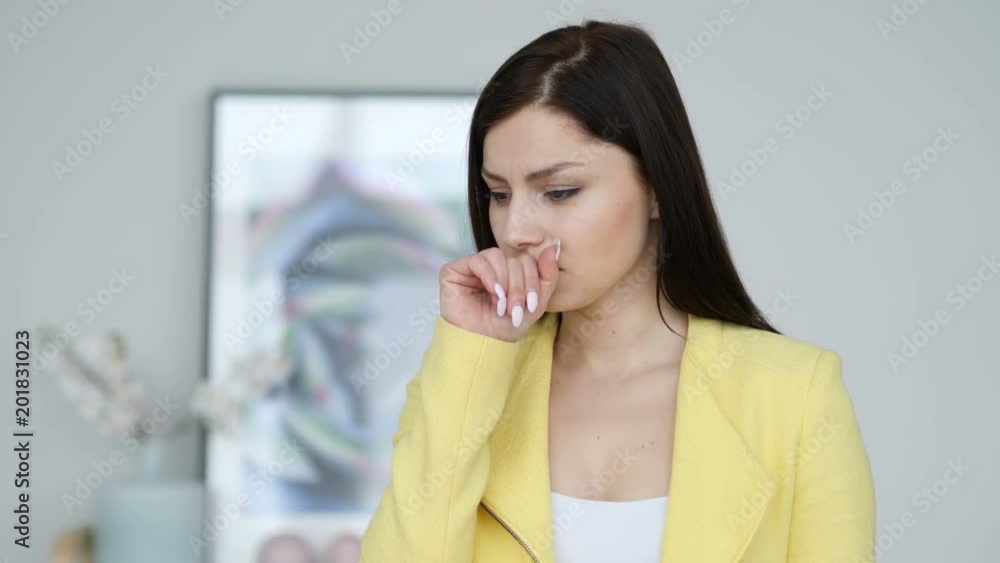 Cough, Portrait of Sick Woman Coughing at Work Cough, Portrait of Sick Woman Coughing at Work