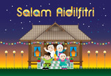 A Muslim family celebrating Raya festival in their traditional Malay style house. With village scene. The words 