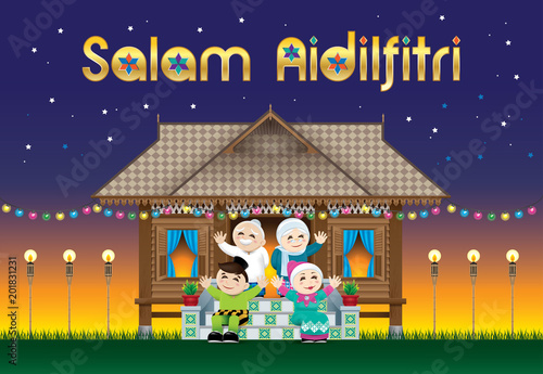 A Muslim family celebrating Raya festival in their traditional Malay style house. With village scene. The words "Salam Aidilfitri" means happy Hari Raya.