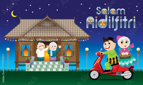 A couple is just arrive their home town, ready to celebrate Raya festival with their parents. The words "Salam Aidilfitri" means happy Hari Raya.