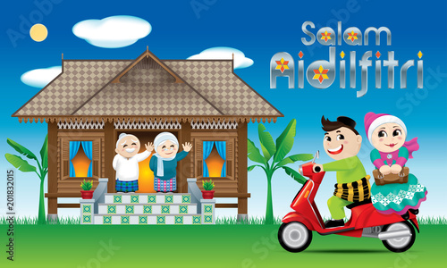 A couple is just arrive their home town, ready to celebrate Raya festival with their parents. The words "Salam Aidilfitri" means happy Hari Raya.