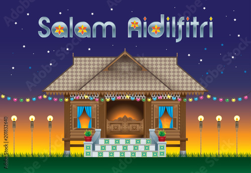 A beautiful traditional wooden Malay style village house. With village scene. The words "Salam Aidilfitri" means happy Hari Raya.
