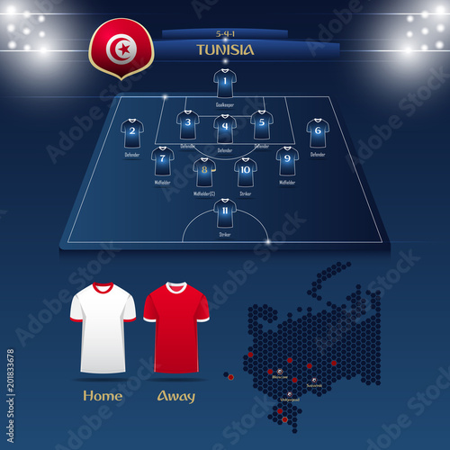 Team Tunisia soccer jersey or football kit with match formation tactic infographic. Football player position on football pitch and stadium map. Vector Illustration.