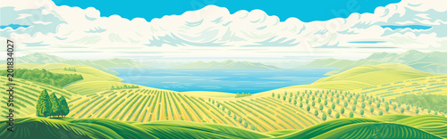 Rural panoramic landscape with a beautiful view of distant fields, gardens and plantations with a large water lake or sea. Vector illustration.