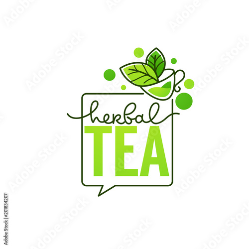 herbal drinks vector line art logo with handrawn lettering composition and cup of herbal tea
