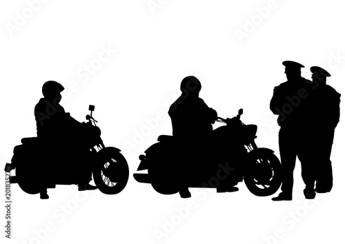 Old retro bike and traffic police on white background